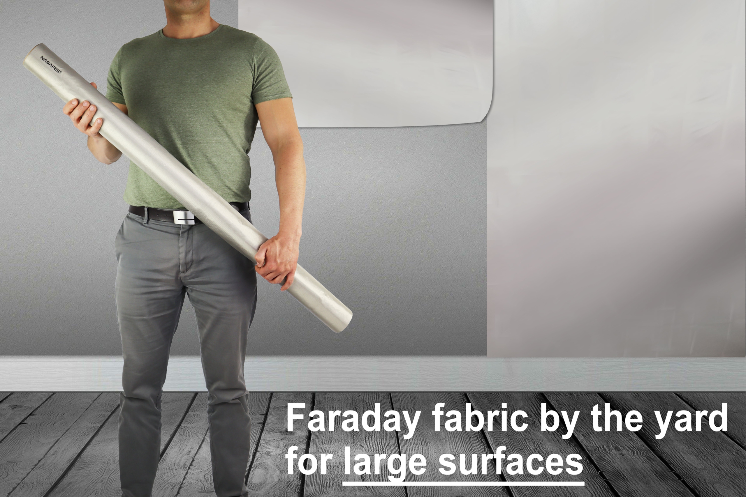 faraday fabric by the yard with a wall on the background where you can see that the farada fabric was attached to it.