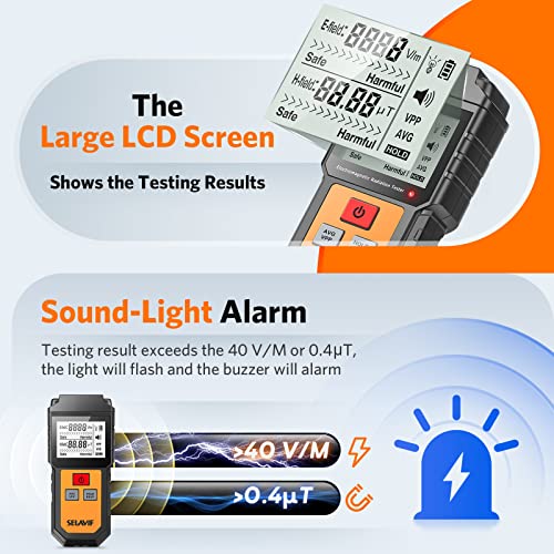 EMF Meter Reader EMF Detector - Handheld Digital Electromagnetic Field Radiation Detector for Home Office with LCD Backlight Sound-Light Alarm Max Average Value Lock-Orange - 3