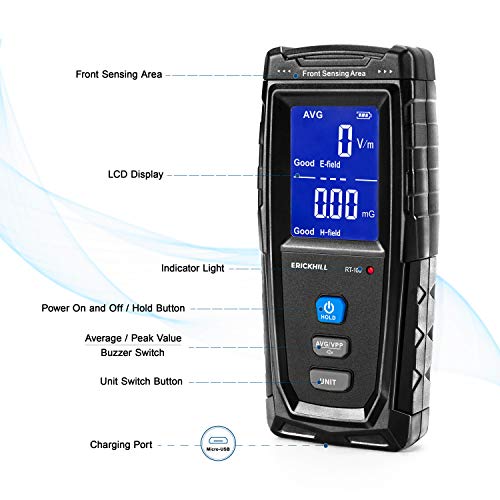 ERICKHILL EMF Meter, Rechargeable Digital Electromagnetic Field Radiation Detector Hand-held Digital LCD EMF Detector, Great Tester for Home EMF Inspections, Office, Outdoor and Ghost Hunting - 2