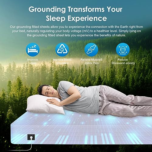 Grounding Fitted Sheet for Earthing, Grounded Fitted Sheet Earth Connected Bedding (Queen - 60"x 80"x 15" White) Earthing Fitted Sheets/Grounding Mat Earthing for Bed,Grounding Cord Included - 3