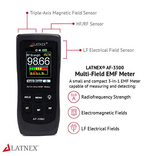 LATNEX AF-3500 EMF Meter RF Detector and Reader with Calibration Certificate - Measures RF and Microwaves, 3-Axis Gauss Magnetic Fields and Electrical Fields ELF - 3