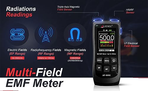 LATNEX AF-5000 5G EMF Meter RF Detector Tester and Reader with Calibration Certificate - Tests and Measures RF and Microwaves, 3-Axis Gauss or Tesla Magnetic Fields and Electrical ELF Fields - 4