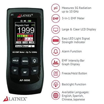 LATNEX AF-5000 5G EMF Meter RF Detector Tester and Reader with Calibration Certificate - Tests and Measures RF and Microwaves, 3-Axis Gauss or Tesla Magnetic Fields and Electrical ELF Fields - 7