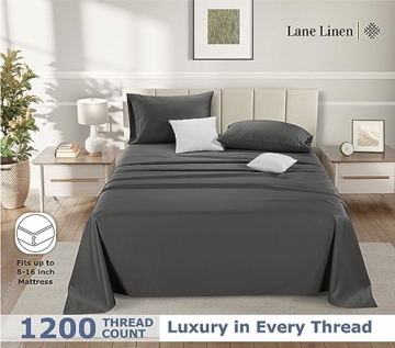 LANE LINEN 100% Egyptian Cotton Split King Sheets Sets for Adjustable Bed - 1200 Thread Count, 4 Piece Set - Hotel King Split Sheet Set - Luxury Sateen Weave Cotton Sheets Set - Charcoal - 4