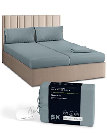 Olive + Crate Split King Sheets Sets for Adjustable Bed, 100% Certified Tencel Eucalyptus Fiber from Austria, Better Than Silk Linen and Cotton, Cooling for Hot Sleepers, Basalt Blue (106" x 107") - 1