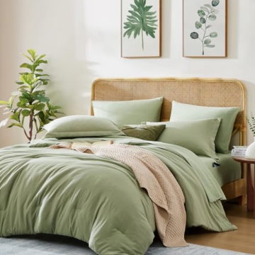 WRENSONGE Sage Green Queen Comforter Set, 7 Pieces Soft Microfiber Comforters Queen Size with Fitted Sheet, Flat Sheet, 2 Pillow Shams, and 2 Pillowcases- Warm Bedding Sets Queen for All Season - 1