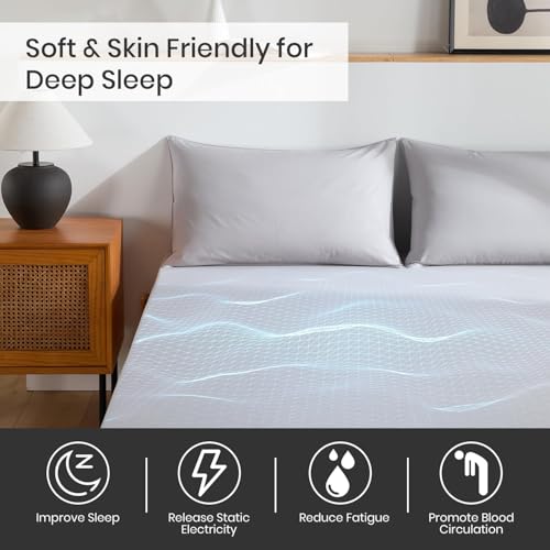 Grounding Sheets King Size 90% Organic Cotton 10% Pure Silver Fiber Superior Earthing Fitted Sheet Earth Connected Bed Sheet with Pen Socket Tester and Long Grounding Cord (76"x 80"x 15" Grey) - 4