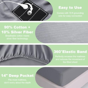 CHALTOUL Grounding Sheets Twin Size Premium Cotton for Healthy Sleep Therapy, Deep Pocket Grounding Fitted Sheets Includes Grounding Cord (Gray, Twin -39