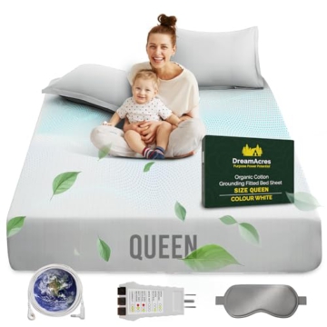 DreamAcres Earthing Grounding Sheets Queen Size - Cotton Bed Sheets Queen Size with Cord, Socket Tester, Eye Mask - 95% Organic Cotton + 5% Silver Fibre Bed Sheets for Pain Relief and Improved Sleep - 1